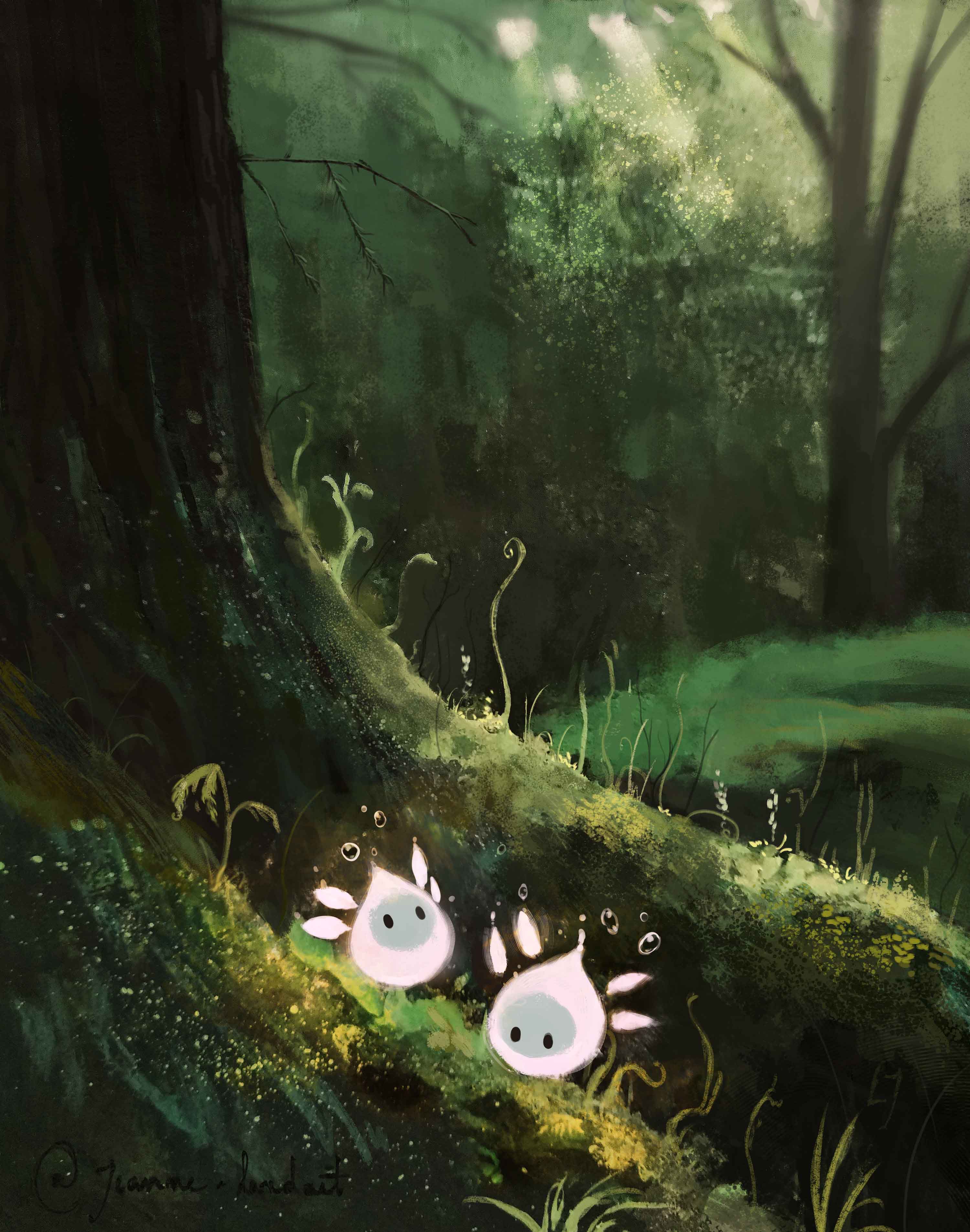 Drawing of small white creatures in a forest
